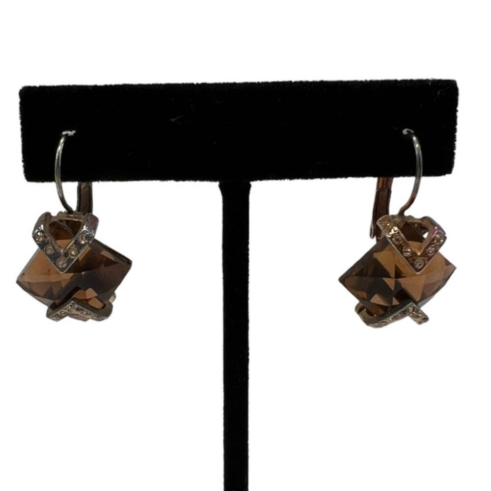 Vintage Earrings Square Amber Bead & Clear Stone Chevrons